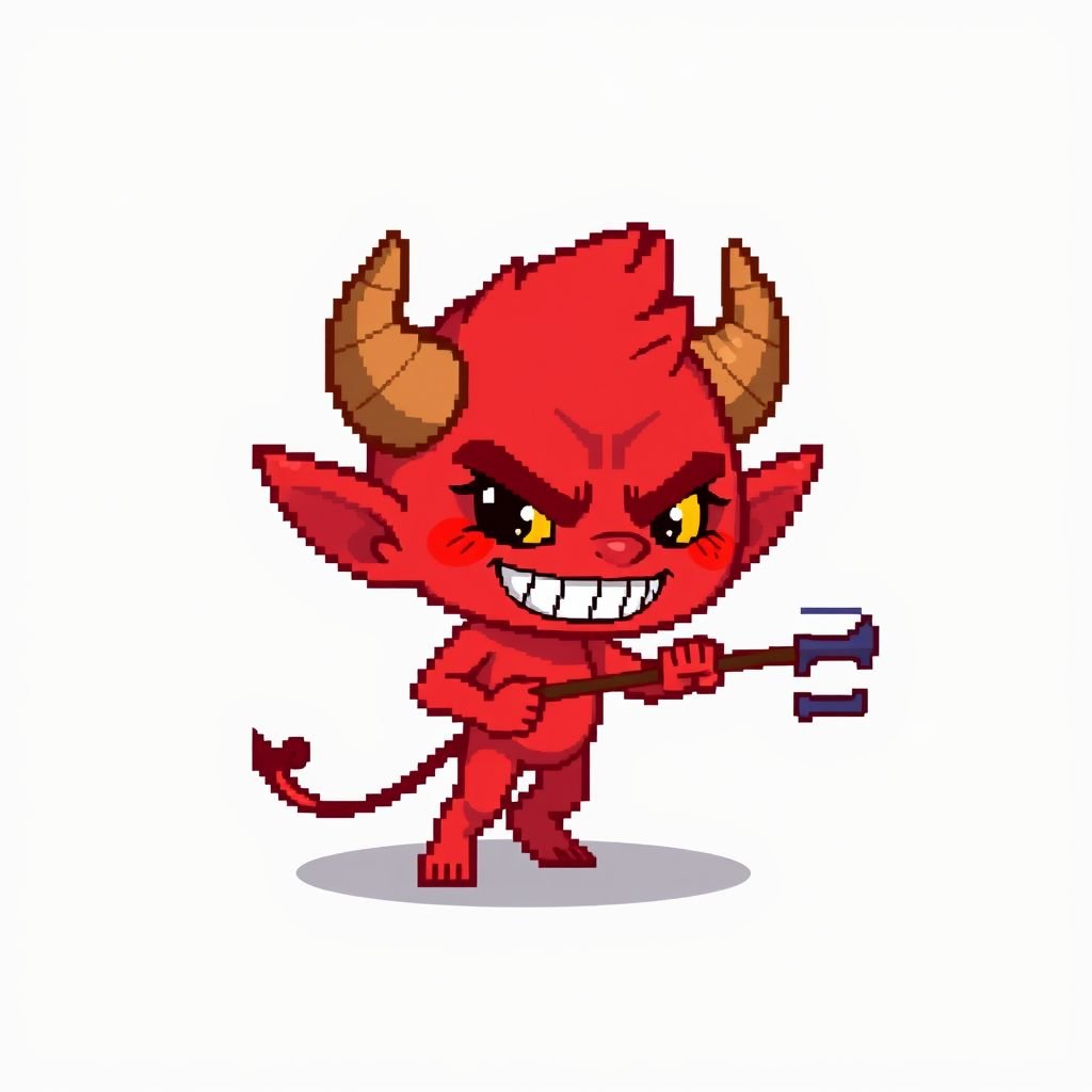 Small red imp sprite, pixel art, tiny horns, mischievous grin, holding a small pitchfork, 32x32 style, flat colors