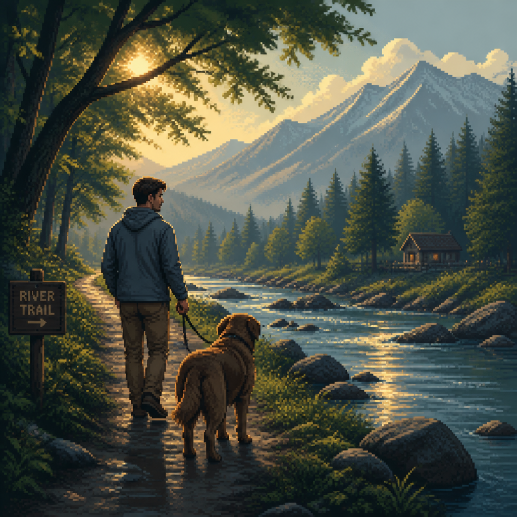 Give me an image of a man walking a dog on a cool sunny morning by the river side, green lush forestry , brown dog large , man is tan with brown hair , cool grey-blue tones, warm gold frame lighting on the painting, moody cinematic atmosphere, 16-bit pixel art, dithered shading, limited color palette, hard pixel edges, retro game aesthetic, cinematic framing