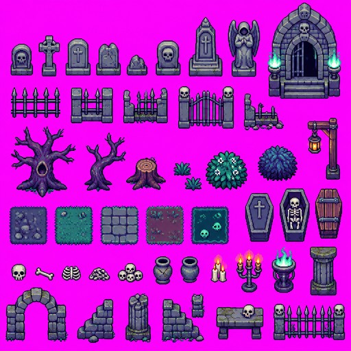 Pixel art sprites, 64 colors max, large visible square pixels, flat plain background, no anti-aliasing, no gradients, crisp 1-pixel outlines
#roguelike #tileset #32pixels #dungeon #noborder 
#nogrid #noletters #nospace #magenta background #assets #graveyard place 
#tileset #gameready #style like 90s SNES Secret of Mana #Nitrome #Nintendo game, 
#topdown perspective #dungeon level #tileset assets, #extremely cute #kawaii #vibrant 
#colorful #dark and glowy.
16-bit retro game style, chunky pixels, limited color palette, flat shading,
centered with margin around the character,
full frame edge-to-edge solid magenta background (#FF00FF), no drop shadow, no outer glow, no gradient