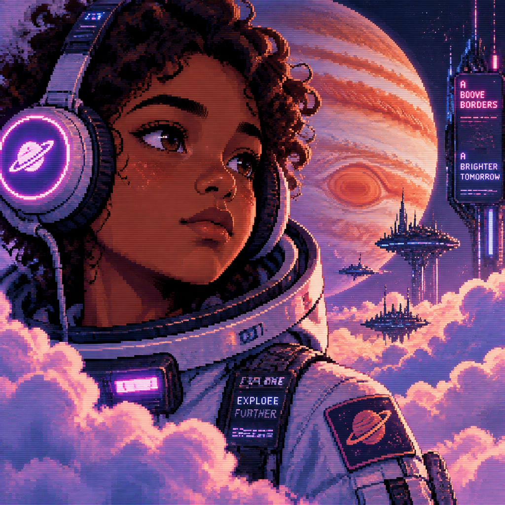 Make a close up image of a young teen astronaut with brown skin and headphones surrounded by clouds with jupiter in the background