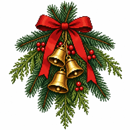 High contrast image on a white background of a compact Xmas swag with fir tips, cedar fonds and attached brass bells