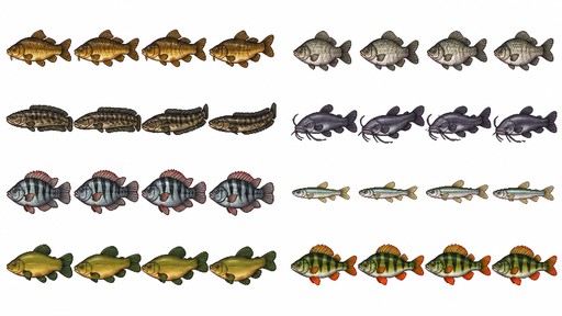A 2D pixel art sprite sheet of river and pond fish collection for a cozy 16-bit fishing RPG, isolated on a pure solid white background #FFFFFF:

1. Species Included (Arranged in a clean, even grid layout):
   - Row 1: Common Carp (golden-bronze scales, small barbels, robust body), Crucian Carp (silver-grey round body).
   - Row 2: Snakehead Fish (cylindrical dark mottled body, sharp eyes), Catfish (smooth dark grey skin, distinct long whiskers).
   - Row 3: Tilapia (striped vertical bands, spiny dorsal fin), Small River Minnow (tiny translucent silver body).
   - Row 4: Golden Tench (olive-green sheen, rounded fins), River Perch (greenish with dark vertical stripes and orange fins).

2. Perspective & Animation Layout:
   - Perspective: Exact flat horizontal side-view profile (swimming horizontally, facing left or right consistently).
   - Grid Layout: Clean, evenly spaced cells with generous margins between rows and columns.
   - Poses: Slight swimming tail curve variants for animation frames.

3. Style & Technical Requirements:
   - 16-bit cozy retro pixel art, Stardew Valley aesthetic.
   - Sharp, crisp pixel outlines, distinct silhouettes, strictly NO anti-aliasing blending into the background.
   - Vivid, saturated colors, rich readable palettes.
   - Pure solid white background #FFFFFF for clean alpha extraction and chroma-keying.
   - Strictly NO shadows on the ground, NO water ripples, NO bubbles, NO background scenery, NO text, NO watermarks.