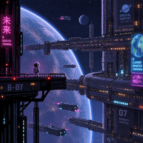 A small girl astronaut on a huge space station seen from a distance 