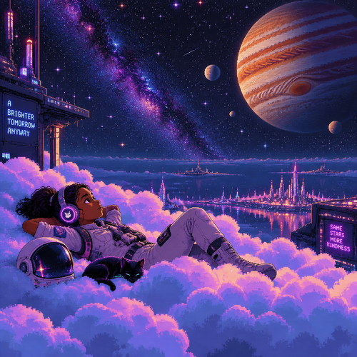 From far away young teen girl astronaut with brown skin and headphones and helmet off lays down on fluffy clouds amat night. Many stars and Jupiter are in background 