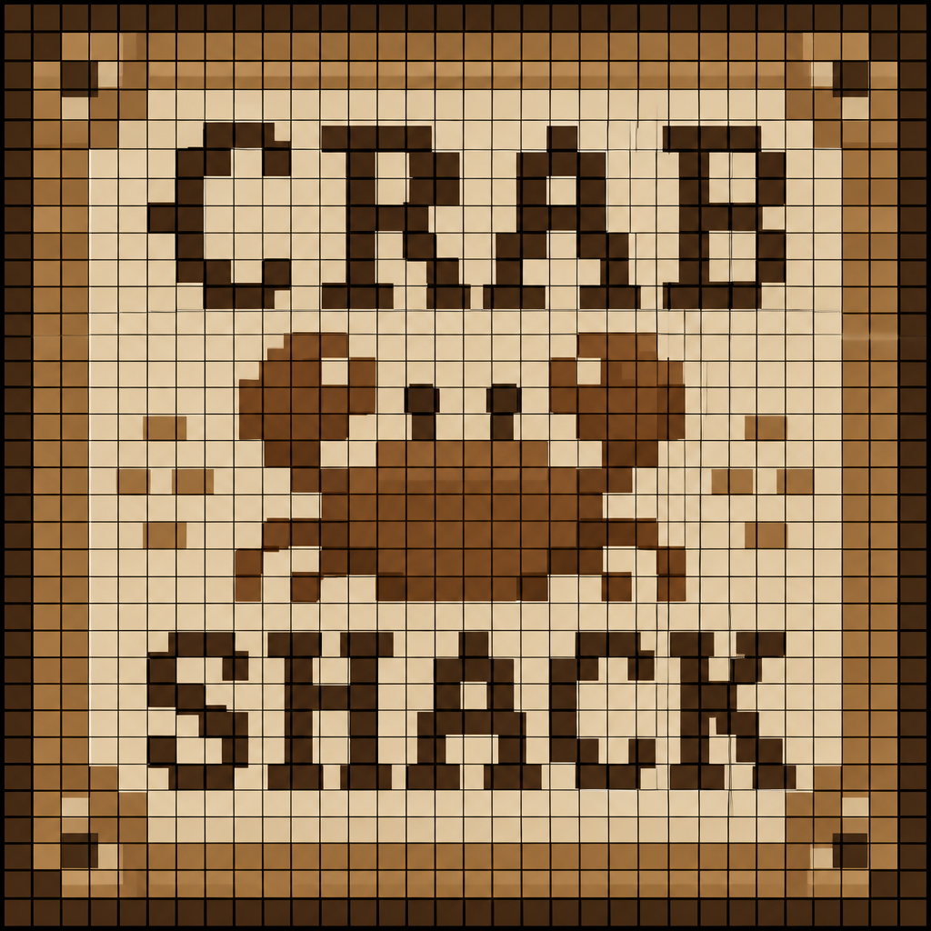 32x32 sign that says Crab Shack in beige, brown, neutral colors. Keep each pixel one color and overlay a grid so I can see each pixel