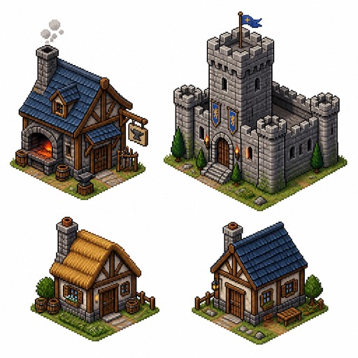 An isometric pixel art sprite sheet of 4 individual medieval buildings, including a blacksmith, a stone keep, and two small cottages, generous spacing between assets, knolling layout, neatly arranged on a solid plain white background, 16-bit aesthetic, pure pixel art, sharp pixel edges, pixel-perfect, clean 2:1 pixel lines, crisp details, no anti-aliasing --ar 16:9