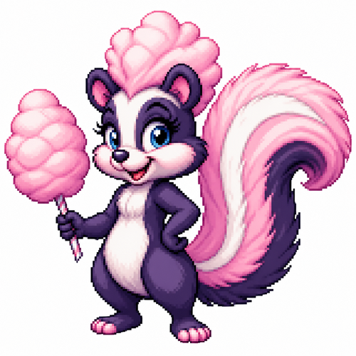 Cartoon cotton candy skunk, full body, white background