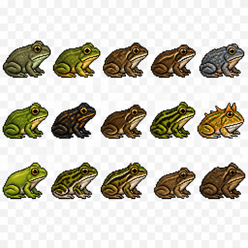 Create a 2D pixel art sprite sheet featuring 15 individual icons each exactly 32x32  pixels, arranged 5 horizontally and 3 vertically spaced evenly. Style: classic fantasy RPG, inspired by 16bit games, with crisp pixel art, clean outlines, subtle shading, and a cohesive color palette. Use a transparent background. Each Icon  should be centered within its 32x32 canvas and remain highly readable at small sizes. 




The 15 icons are: 




1: Goliath Frog
2: African Bull Frog
3: Mountain Chicken Frog
4: Blyths River Frog
5: Marine Toad
6: American Bull Frog
7: Smoky Jungle Frog
8: Budgetts Frog
9: Giant Barred Frog
10: Ornate Horned Frog
11: Green Tree Frog
12: Leopard Frog
13: Pickerel Frog
14: Spring Peeper
15: Helmeted Water Toad




Requirements: 
	•	Each icon must be exactly 32x32 pixels.
  • All based off of real life variants.
   • All facing sideways so you see the side of their bodies.
	•	Output as a sprite sheet with each icon occupying its own 32x32 cell** DO NOT GO OUT PAST THESE PARAMETERs**
	•	Transparent background.
	•	No text, labels, borders, or UI elements.
	•	Consistent Fantasy RPG Aesthetic across all icons.
	•	High contrast and excellent readability for use in a game interface.
	•	Clean polished pixel art with enough detail for low resolution sprites.
	•	Avoid anti-aliasing, blurring, or painterly effects; preserve a true pixel art appearance.