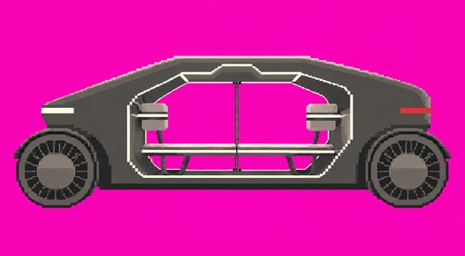 Pixel art side view of a gray car with an open frame on a pink background