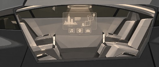 Pixel art of a futuristic vehicle cockpit with a glowing control interface.