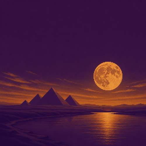 dark moody digital painting, twilight over a wide desert landscape with the Great Pyramids silhouetted in the distance, a calm river reflecting the sky in the foreground, strictly limited color palette (2-3 tones maximum): deep violet and amber only, no other hues, a massive low-hanging full moon, empty of people and animals, wide open negative space above the horizon, minimalist composition, no text