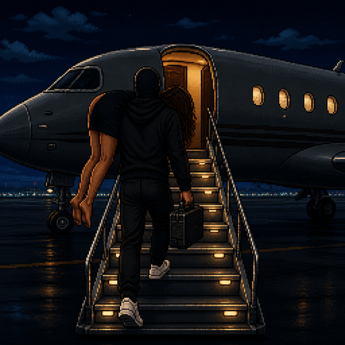 nighttime scene, man in black clothing and a black hoodie, wearing a plain black balaclava-style mask covering his entire head and face, two simple round eye holes showing brown eyes, walking up illuminated boarding stairs onto a private jet, carrying his wife over one shoulder and a small case in one hand, his wife is tan with brown curly hair wearing a black dress, she has no shoes on, you cannot see her face only her curly hair , white sneakers, jet cabin door glowing warm amber light from inside, jet exterior dark grey with visible windows, illuminated boarding steps, deep navy night sky with scattered clouds, moody cinematic lighting, tarmac visible below, 16-bit pixel art, dithered shading, limited color palette, hard pixel edges, retro game aesthetic, cinematic framing