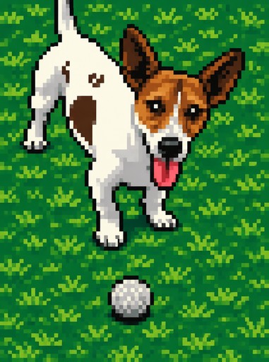 Pixel art of a white and brown dog standing by a ball on green grass.