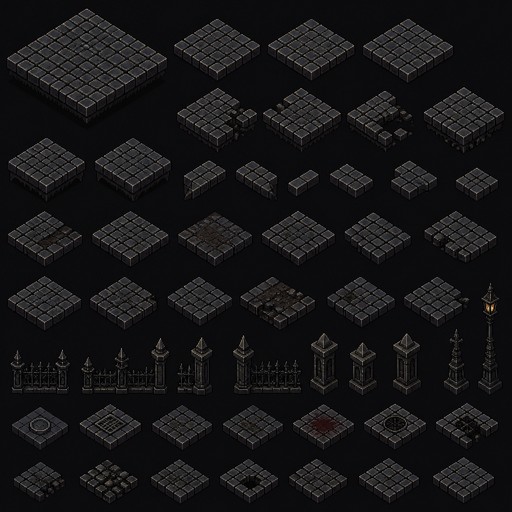 Create a Gothic Victorian Horror Cobble Stone floor tileset. Multiple stones, depth, some broken.