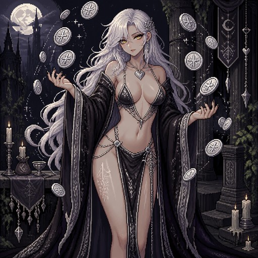 Pixel art of a person in ornate attire surrounded by floating coins and gothic candles