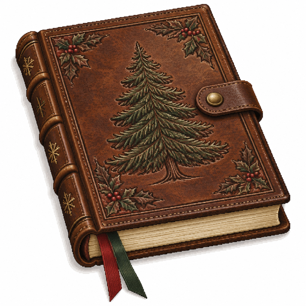 White background. Realistic leather-bound Christmas keepsake journal with an embossed evergreen cover.