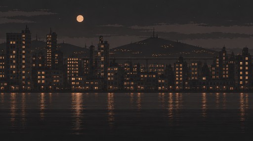 Pixel art city skyline glowing at night beside reflective water beneath a moon.