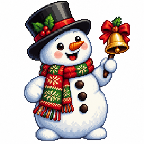 Cute snowman with a top hat and Xmas scarf holding a bell with a bow. White background 