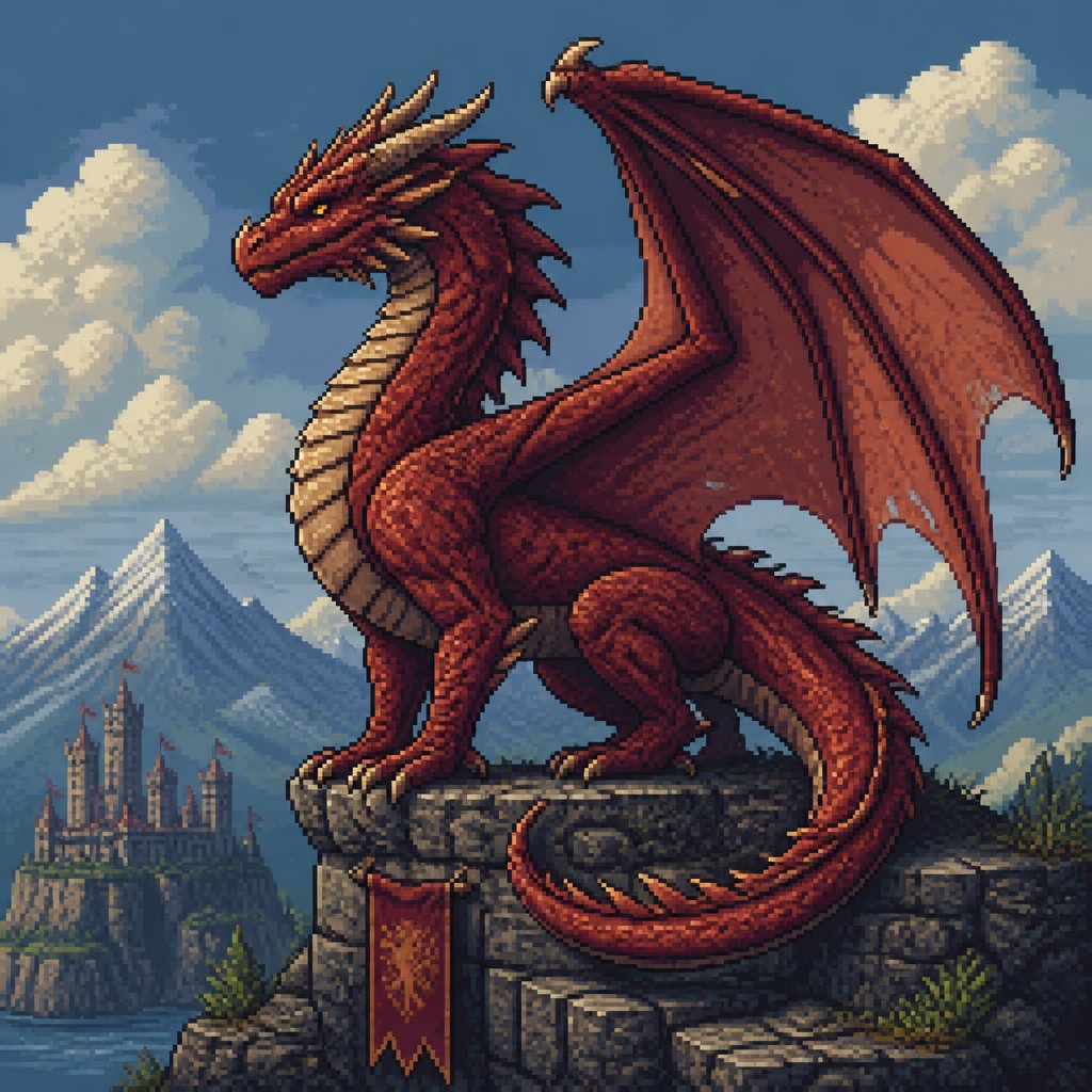 Pixel art red dragon perched on a stone tower above a mountainous landscape.