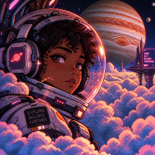 Make a close up image of a young teen astronaut with brown skin and headphones surrounded by lots of clouds with jupiter in the background 