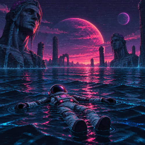 An astronaut floats on his back in the middle of an alien ocean
With statues coming out of the water in the distance 