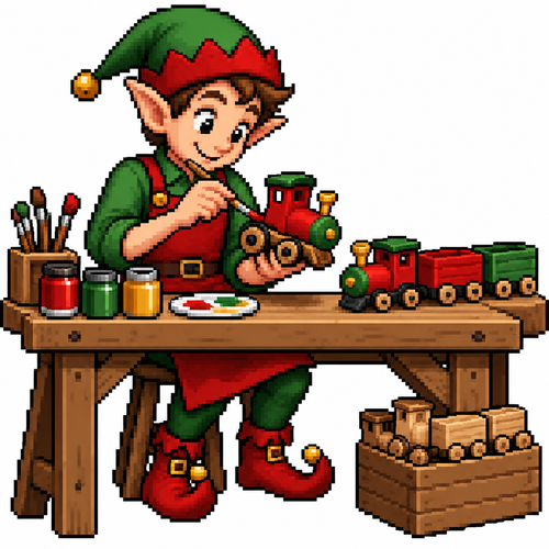 An elf painting wooden toy trains at a workbench. White background. High contrast 