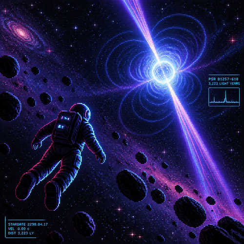 An astronaut floats in front of a pulsar star seen from a distance 