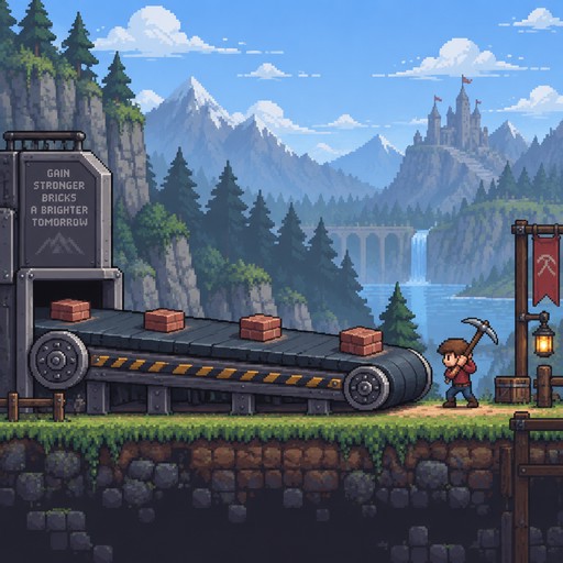 This image will be shown in isometric view. There is a giant exercise treadmill, with bricks on the treadmill. There is a character standing at the end of the treadmill, on the ground, not on it. The bricks on the treadmill are slowly coming towards the character. The character is holding a pick-axe, and will be swinging at the bricks as they come towards him.