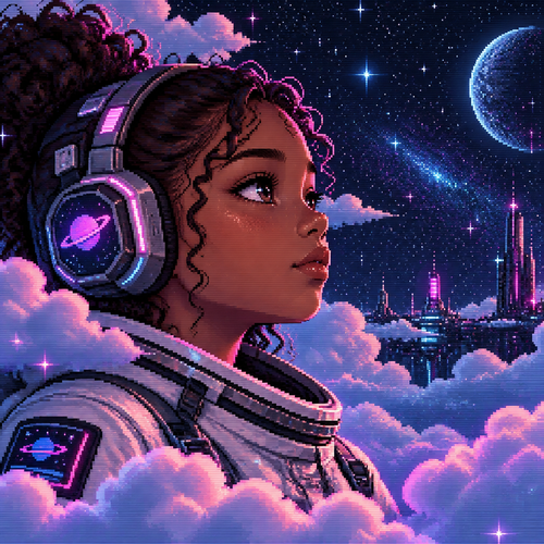 Close up profile of A young teen girl astronaut with brown skin and headphones and helmet off surrounded by fluffy clouds around her head at night. Many stars are in background 