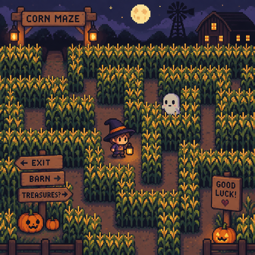 
Cute, spooky Kawaii, corn maze, adventure, with a tiny ghost visible among the path