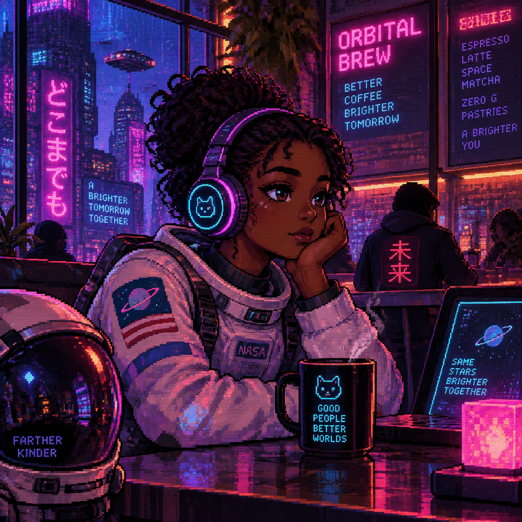 A young girl astronaut with dark skin and headphones sits in a cyberpunk cafe