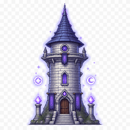 Can you generate me a fantasy style medieval 64x64 pixeled wizard tower front view on a completely transparent background. I want the tower to be clean stone with a very subtle purple/blue hue aura around it. I want some magical decorations around it. 