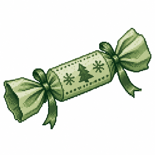 White background. A handmade Christmas cracker with textured paper folds and satin ties.