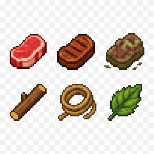 Một sprite sheet pixel art 32x32 gồm thịt sống, thịt chín, thịt thối, que gỗ, dây thừng và lá cây. Các vật phẩm tách biệt, nền trong suốt, pixel rõ nét, phong cách game sinh tồn 2D, không chữ, không UI. Kích thước 32x32