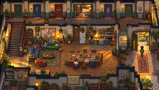 Pixel art tavern interior with people, wooden tables, warm lanterns, and green plants.