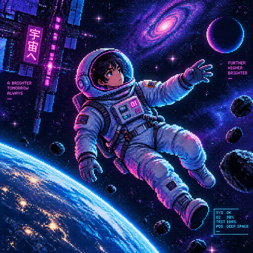 Young astronaut floats in outer space