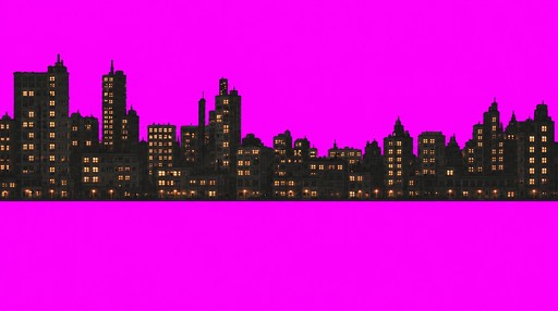 Pixel art city skyline with illuminated windows against a bright pink sky
