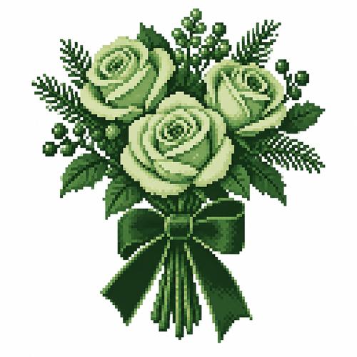 A compact winter rose bouquet bound with one broad velvet ribbon. White background.