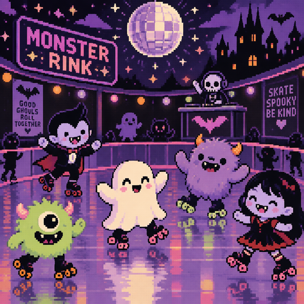 Kawaii spooky cute monster, roller rink with vampires, ghost and fuzzy monsters, dancing under a disco moon