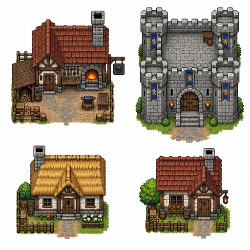 An top-down pixel art sprite sheet of 4 individual medieval buildings, including a blacksmith, a stone keep, and two small cottages, generous spacing between assets, knolling layout, neatly arranged on a solid plain white background, 16-bit aesthetic, pure pixel art, sharp pixel edges, pixel-perfect, clean 2:1 pixel lines, crisp details, no anti-aliasing --ar 16:9
