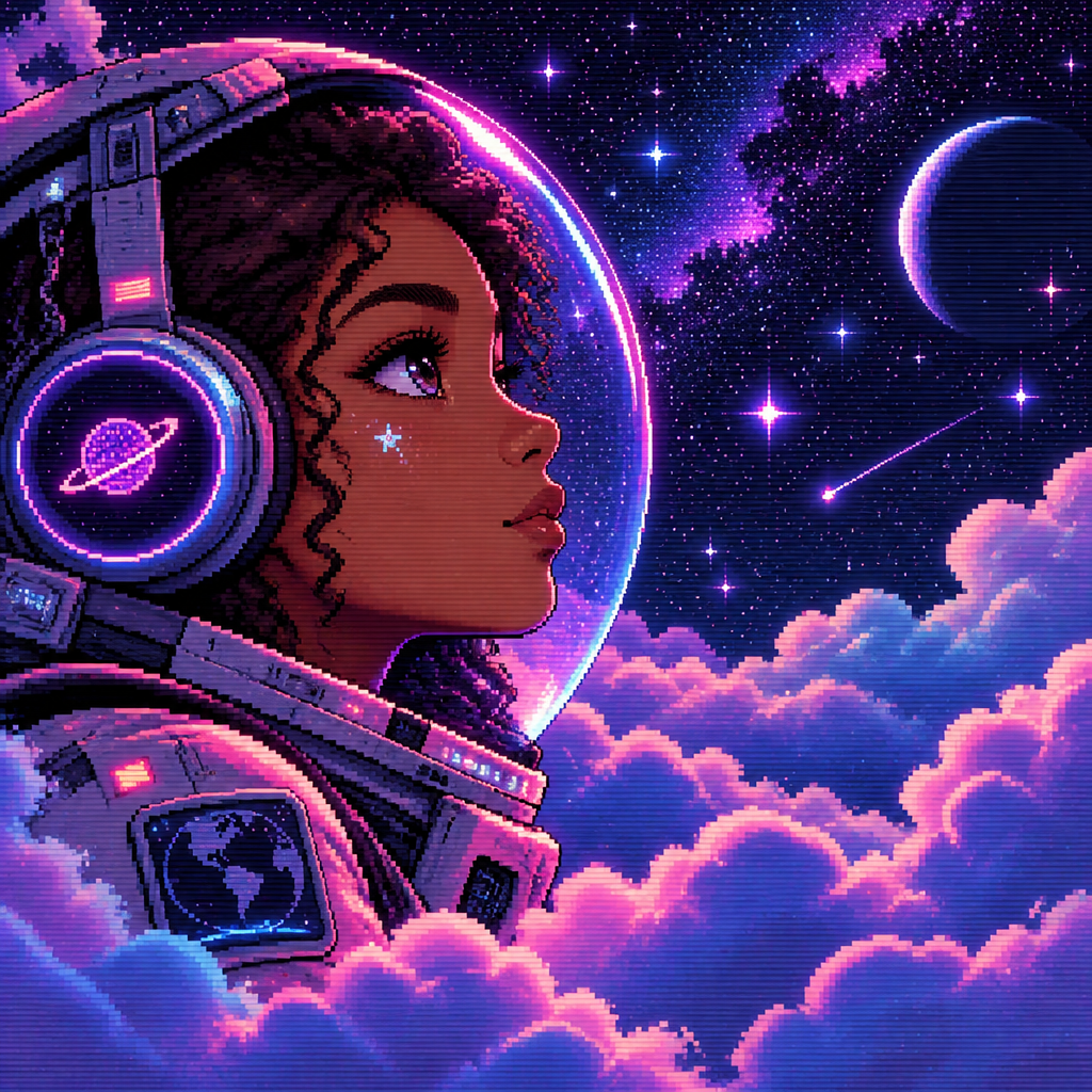 Close up profile of A young teen girl astronaut with brown skin and headphones is surrounded by fluffy clouds at night. Many stars are in background