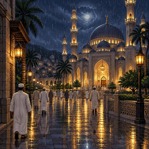 A beautiful, atmospheric 16-bit pixel art scene outside a grand mosque on a rainy evening. Muslim men wearing elegant white and cream thobes and traditional kufi prayer caps are walking along the wet street toward and away from the mosque. The mosque has beautiful domes, tall minarets, glowing warm lights, and intricate Islamic architecture. Gentle rain falls continuously, creating realistic puddle reflections on the stone pavement. The streetlights glow softly through the rain, with a peaceful, spiritual atmosphere and a cinematic night sky. Detailed retro video game graphics, rich pixel textures, beautiful lighting, nostalgic 16-bit style.

Vertical composition, 9:16 aspect ratio, wide street-level perspective, natural-looking people and clothing, detailed environment, calming and immersive atmosphere. No text, no logos, no watermark.