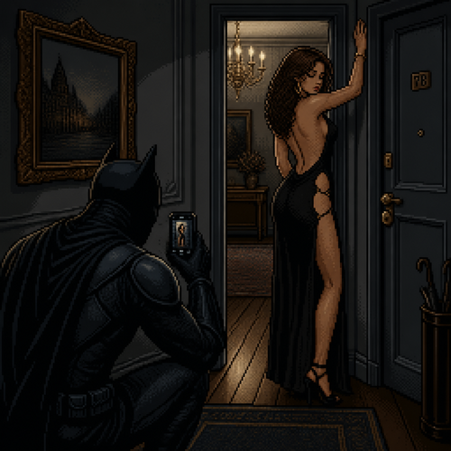 interior hallway scene, dimly lit apartment entryway, ornate framed painting on wall, chandelier visible through open doorway, Hispanic/ light skin tan woman with curly brown hair in a black backless dress with a high leg slit and low-cut open back, hip strap detail visible, leaning against the doorframe with arm raised, masked vigilante in a dark black suit crouched in the foreground with back to camera, holding up a phone camera, dramatic side lighting, moody shadows, cool grey-toned interior, wood floor, 16-bit pixel art, dithered shading, limited color palette, hard pixel edges, retro game aesthetic, cinematic framing