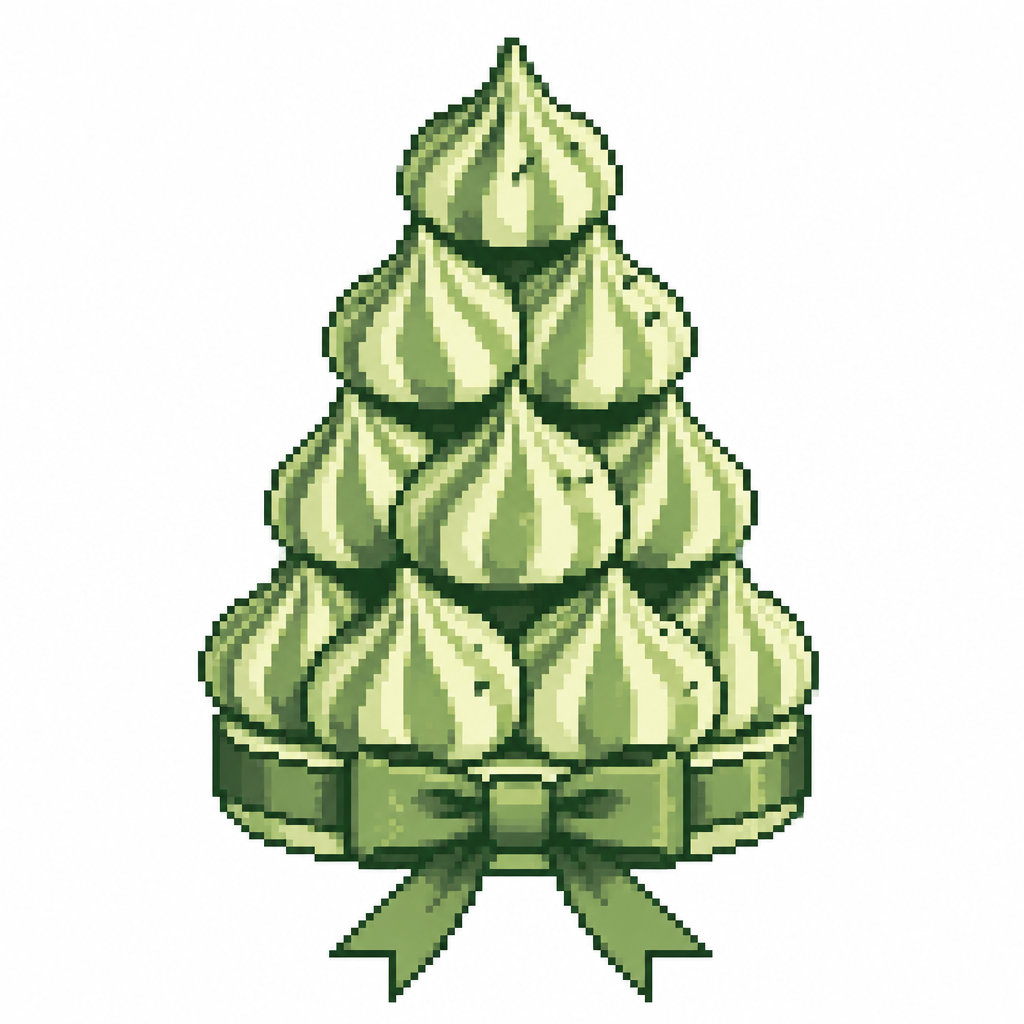 A peppermint meringue tower with clearly separated ridges and a ribbon around its base. White background