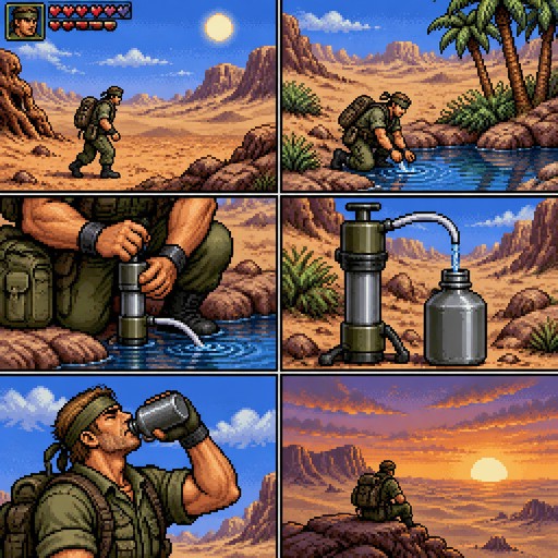 The soldier found water in the desert and set about purifying it; he passed the water through a special filter and then consumed it.
