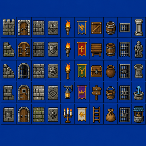 A 2D pixel art asset sheet featuring exactly 50 medieval fantasy world-building sprites, arranged in a strict, perfectly spaced orthogonal grid layout of 5 rows and 10 columns. Each individual sprite is centered inside its own 32x32 pixel cell boundary. Items include stone walls, wooden doors, castle bricks, torches, iron gates, and barrels. Classic 16-bit RPG aesthetic, clean crisp outlines, solid pixel definition, zero anti-aliasing, no blurring, flat solid-color background, isolated elements, high contrast, perfect alignment for grid slicing.