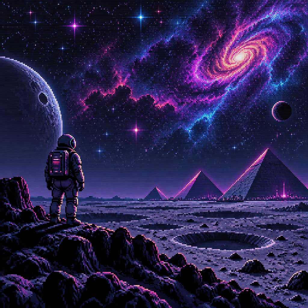 Astronaut standing on a moon from a distance looking at nebula and stars in the sky above. Pyramids are in the distance on the moon