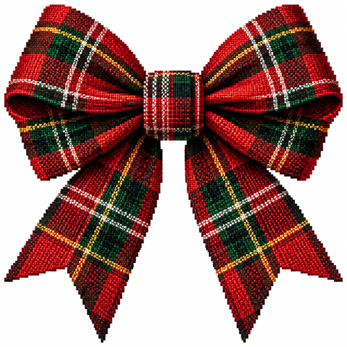 High contrast image on a white background of a Tartan Christmas bow with sharply folded fabric and visible Woven fibers