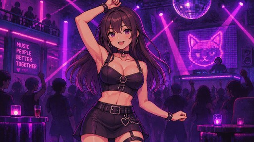 The woman dances rhythmically to electronic music, moving her hips and shoulders naturally, raising one arm and gently moving her head. Her long hair moves with the rhythm. Purple and pink nightclub lights flash and pulse in the background, laser beams move across the room, subtle camera movement, seamless looping animation, preserve the exact original character design and 16-bit pixel art style.