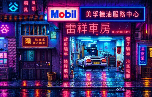 Pixel art neon garage at night with a car and colorful reflections on wet pavement.